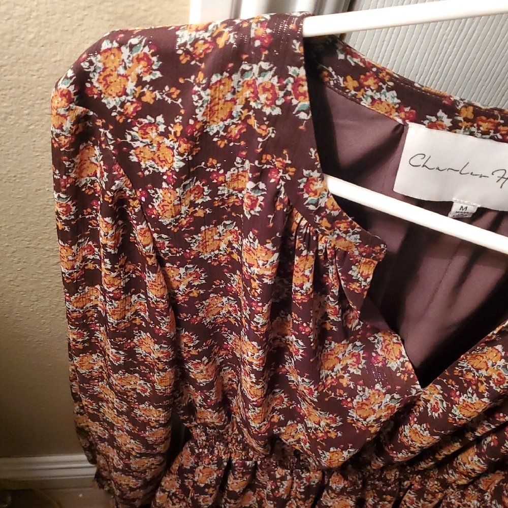 Charles Henry Brown Floral Long Sleeve Lined Dress - Picture 8 of 9